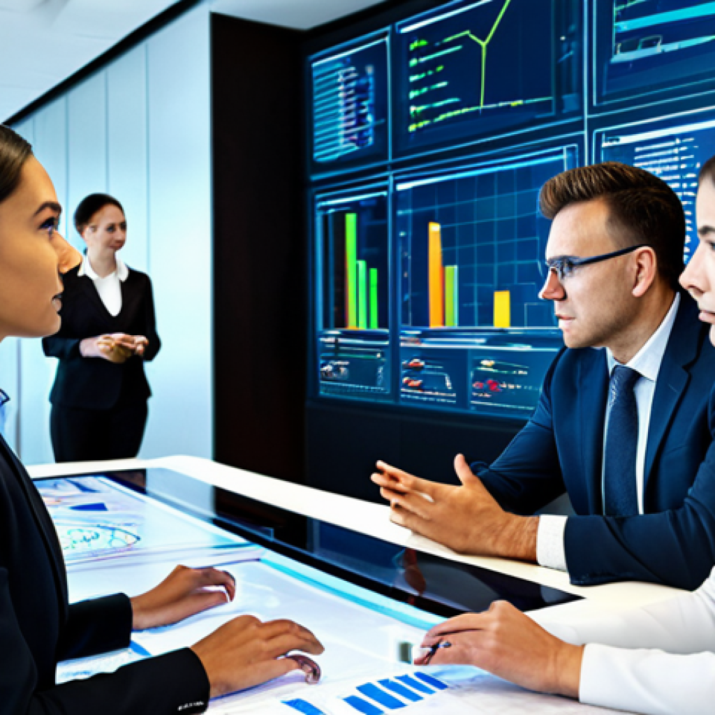 A diverse team of four professionals, two men and two women, in a modern, high-tech command center. They are fully clothed in professional business attire, actively engaged in a focused discussion around a large holographic display showing complex regulatory data, predictive analytics, and a dynamic global map. The atmosphere is one of strategic anticipation and collaborative foresight. Perfect anatomy, correct proportions, natural pose, well-formed hands, proper finger count, natural body proportions, professional photography, high quality, realistic, detailed, safe for work, appropriate content, modest clothing, professional dress.