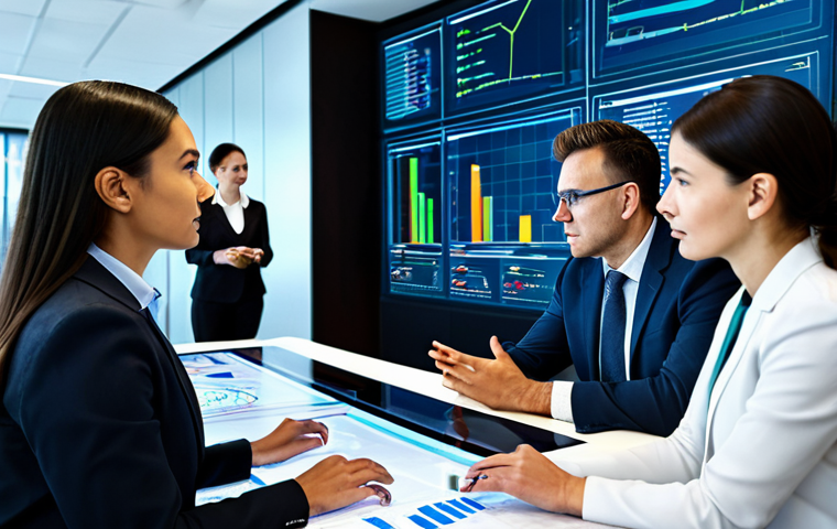 A diverse team of four professionals, two men and two women, in a modern, high-tech command center. They are fully clothed in professional business attire, actively engaged in a focused discussion around a large holographic display showing complex regulatory data, predictive analytics, and a dynamic global map. The atmosphere is one of strategic anticipation and collaborative foresight. Perfect anatomy, correct proportions, natural pose, well-formed hands, proper finger count, natural body proportions, professional photography, high quality, realistic, detailed, safe for work, appropriate content, modest clothing, professional dress.