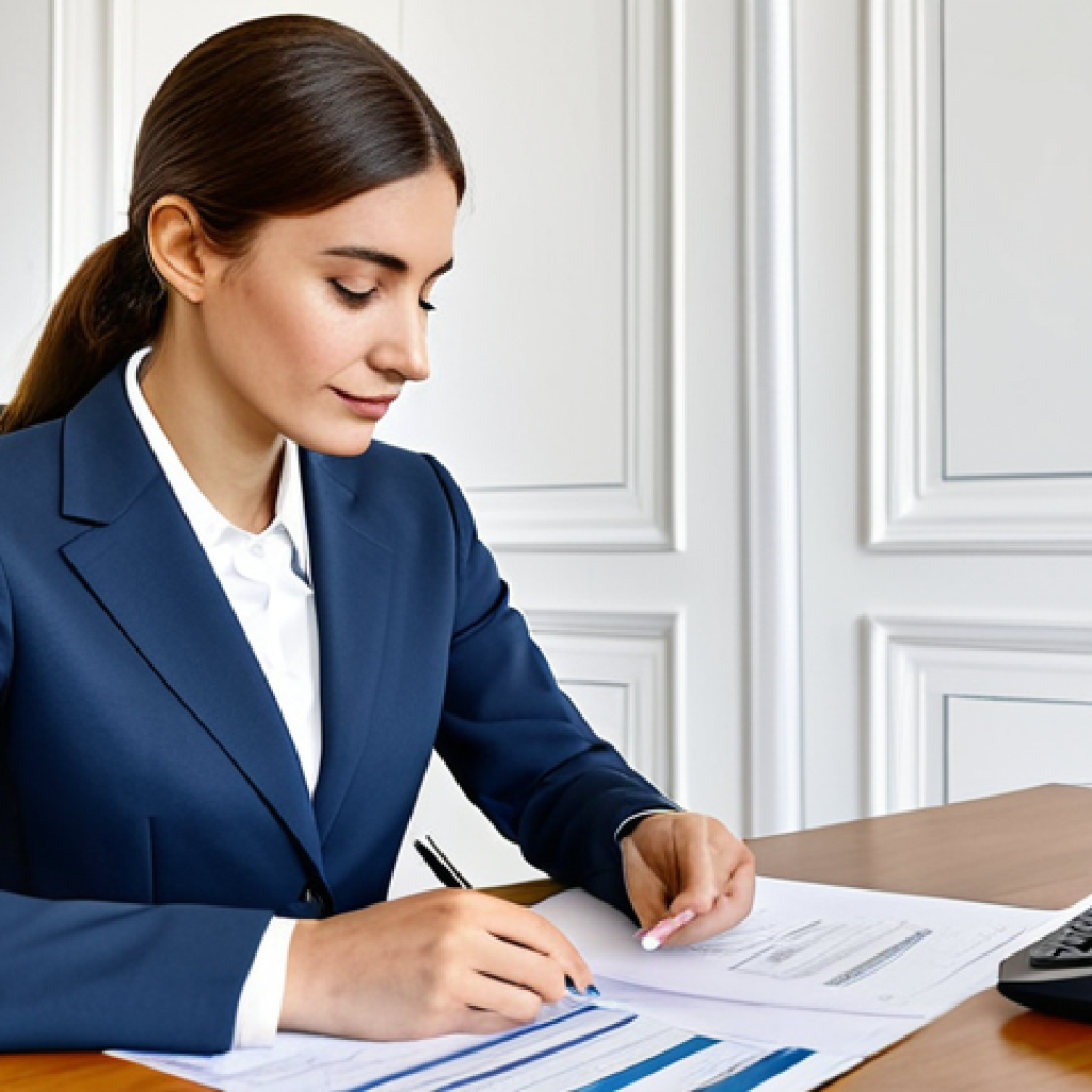 **

A professional woman, fully clothed in a modest business suit, sitting at a desk in a bright, modern Parisian office. She is reviewing documents.  Safe for work, appropriate content, perfect anatomy, natural proportions, professional, family-friendly, well-formed hands, proper finger count.

**