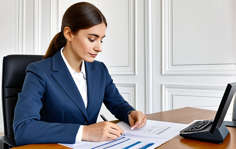 **

A professional woman, fully clothed in a modest business suit, sitting at a desk in a bright, modern Parisian office. She is reviewing documents.  Safe for work, appropriate content, perfect anatomy, natural proportions, professional, family-friendly, well-formed hands, proper finger count.

**