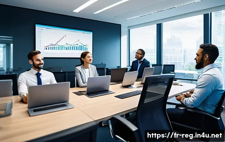 규제 업무의 핵심 포인트 정리 - A modern corporate office scene showing a diverse team of professionals collaborating on regulatory ...