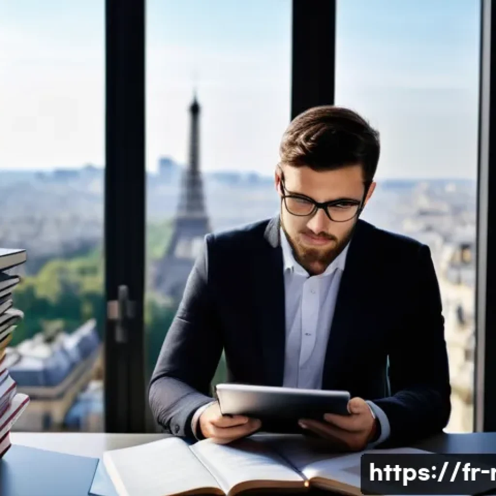 규제요원의 전문성 강화를 위한 독서 추천 - A professional French regulatory compliance officer at work in a modern office, surrounded by stacks...