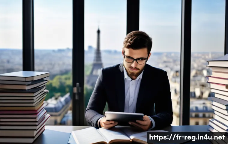 규제요원의 전문성 강화를 위한 독서 추천 - A professional French regulatory compliance officer at work in a modern office, surrounded by stacks...