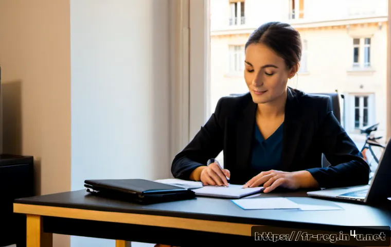 규제요원의 워라밸 관리 - Photorealistic French regulatory compliance officer finishing work at a tidy home office in Lyon, cl...